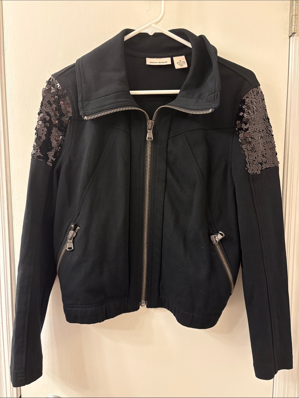 Dkny Black Bomber Jacket with Sequin Shoulder Panels